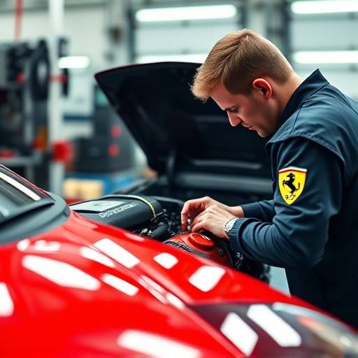 A Bella Machina technician carefully inspecting the engine of a classic Ferrari during a vehicle appraisal.