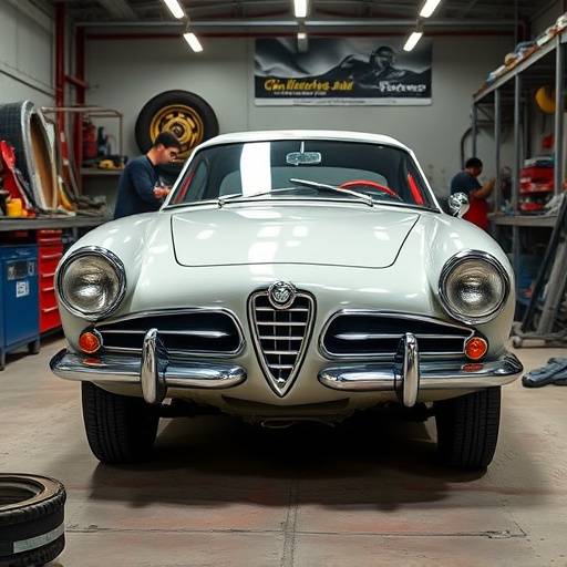 A classic Alfa Romeo being restored in a Bella Machina workshop