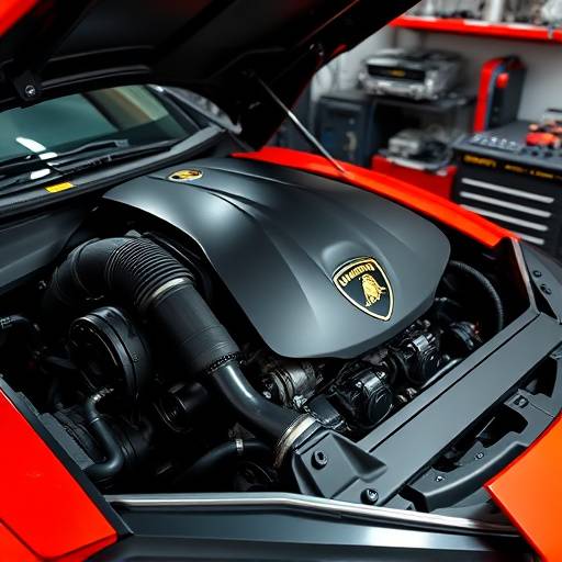 A mechanic using diagnostic equipment to troubleshoot an engine problem on a Lamborghini