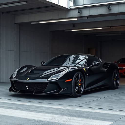 Black Ferrari Roma parked in a modern garage