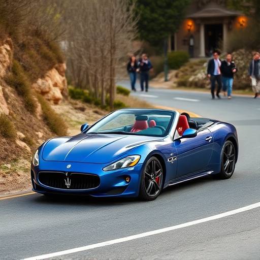 Blue Maserati GranTurismo convertible cruising along a winding road