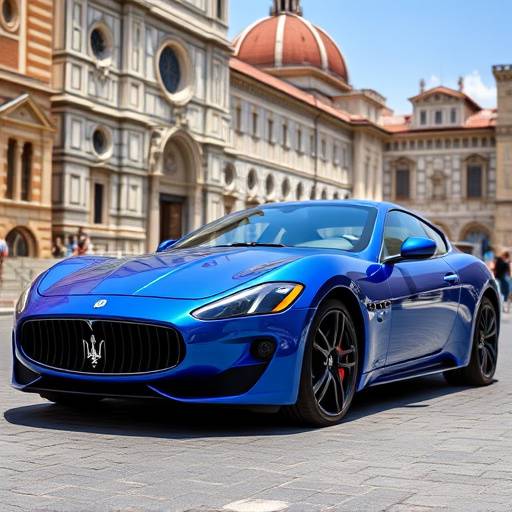 Blue Maserati GranTurismo parked in front of the Duomo in Florence
