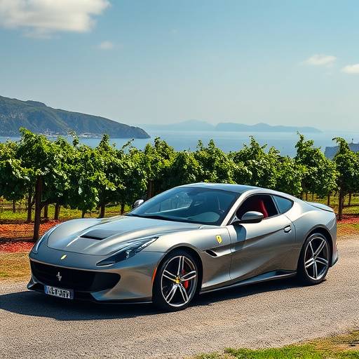 Grey Ferrari Portofino M parked in front of a vineyard