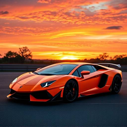 Orange Lamborghini Aventador SVJ parked at sunset