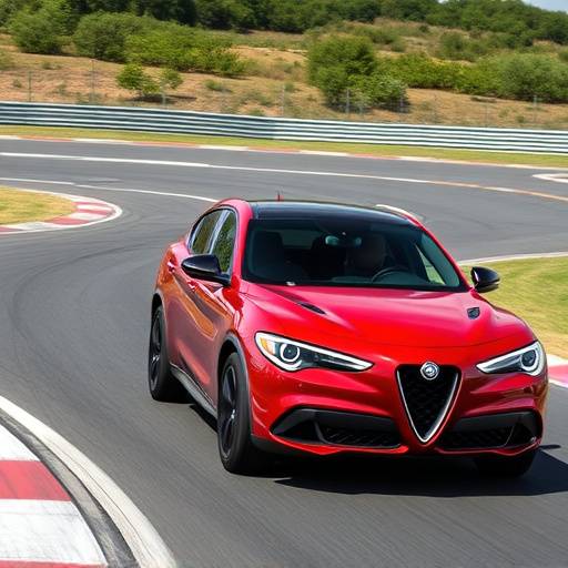Red Alfa Romeo Stelvio Quadrifoglio on a test track