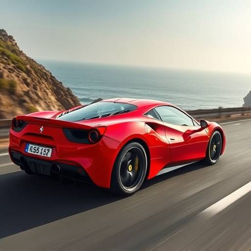 Red Ferrari 488 GTB speeding on a coastal road