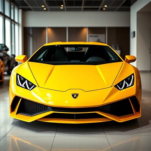 Yellow Lamborghini Huracan Evo on display in a showroom