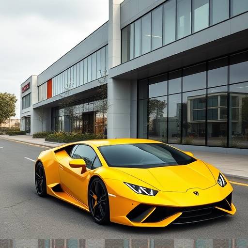 Yellow Lamborghini Huracan parked in front of a modern building
